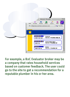 For example, a B2C evaluator broker may be a company that rates household services based on customer feedback. The user could go to the site to get a recommendation for a reputable plumber in his or her area.