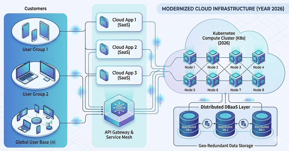 Modernized outsourced cloud infrastructure showing customers, SaaS applications, API gateway and service mesh, Kubernetes compute cluster, and distributed geo-redundant database storage.