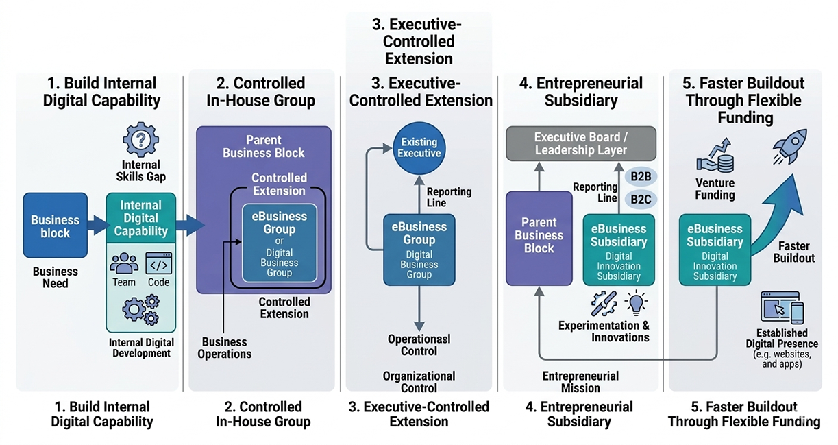 Modernized in-house development decision model showing internal digital capability, controlled in-house group, executive-controlled extension, entrepreneurial subsidiary, and faster buildout through flexible funding.