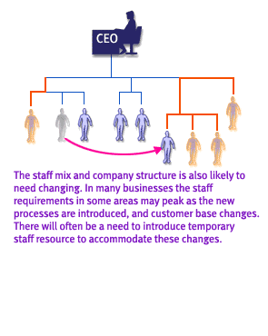 The staff mix and company structure is also likely to need changing. In many businesses the staff requirements in some areas may peak as the new processes are introduced, and customer base changes.