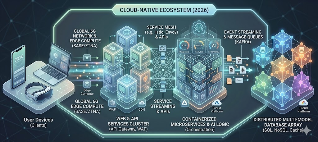 Cloud-native ecosystem diagram showing the modern equivalent of four-tier architecture: user devices, edge compute, API gateway, service mesh,
containerized microservices, event streaming, and distributed databases