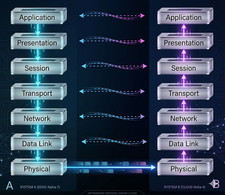 The OSI 7-layer model as applied to two networked hosts, A and B.