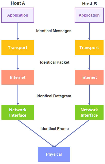 The reference model for TCP/IP. Note the lack of the session and presentation layers.