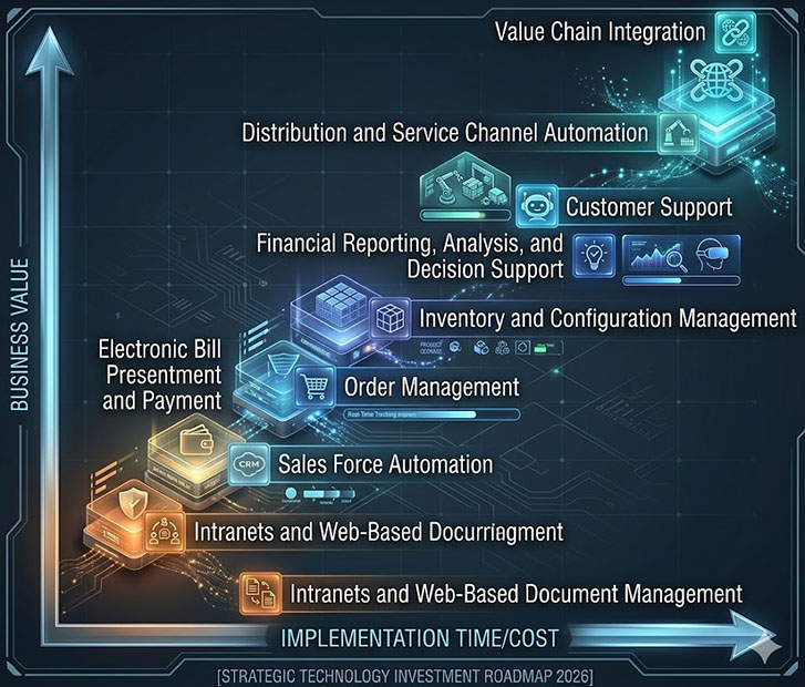 Strategic Technology Investment Roadmap 2026: relationship between business value and implementation time/cost across nine areas of e-business process improvement, from Intranets and Web-Based Document Management at lower left to Value Chain Integration at upper right
