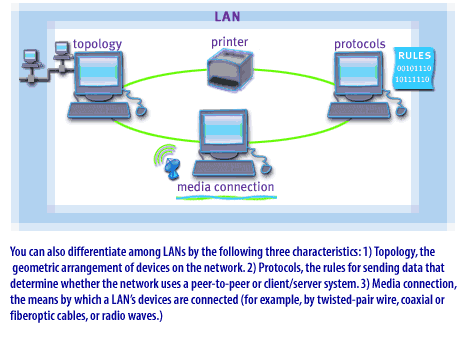 6) You can differentiate among LANS by the following 3 characteristics: 1) topology, the geometric arrangement of devices on the network 2) Protocols, the rules for sending data that determine whether the network uses a peer-to-peer or client/server system 3) Media connection, the means by which a LAN's devices are connected