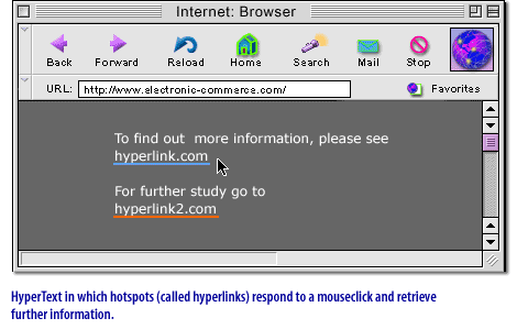 3) HyperText in which hot spots (called hyperlinks) respond to a mouseclick and retrieve further information.