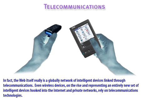 3) The Web itself really is a global network of intelligent devices linked through telecommunications. Even wireless devices, on the rise and representing an entirely new set of intelligent devices hooked into the internet and private networks, rely on telecommunications technologies