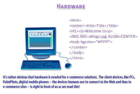 4) It is rather obvious that hardware is needed for e-commerce solutions. The client devices, like PCs, mobile phones, the devices humans use to connect to the web and thus to ecommerce sites, is right in front of us as we read this.