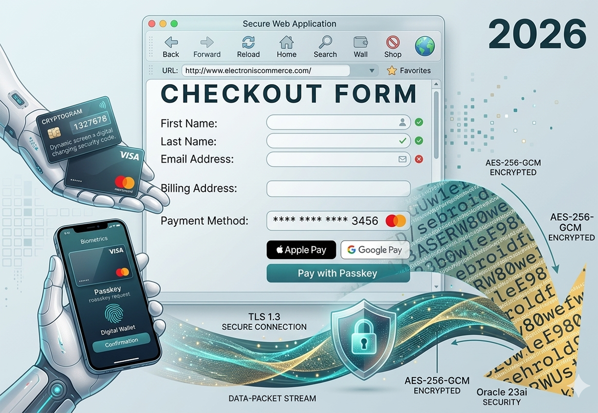 Secure ecommerce checkout form showing TLS 1.3 connection, AES-256-GCM encrypted data-packet stream, passkey authentication, Apple Pay and Google Pay digital wallets, and cryptogram-enabled card — 2026 security architecture