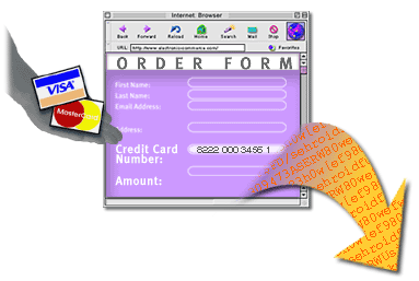 Graphic showing credit card, credit card number, and how it is transmitted to the processing computer.