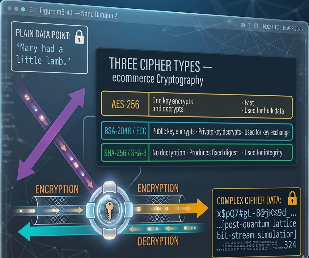 Encryption and decryption cycle — plaintext 'Mary had a little lamb' enters the key-based encryption engine producing complex ciphertext; three cipher types shown: symmetric AES-256, asymmetric RSA-2048/ECC, and one-way SHA-256/SHA-3 hashing — 2026 ecommerce cryptography