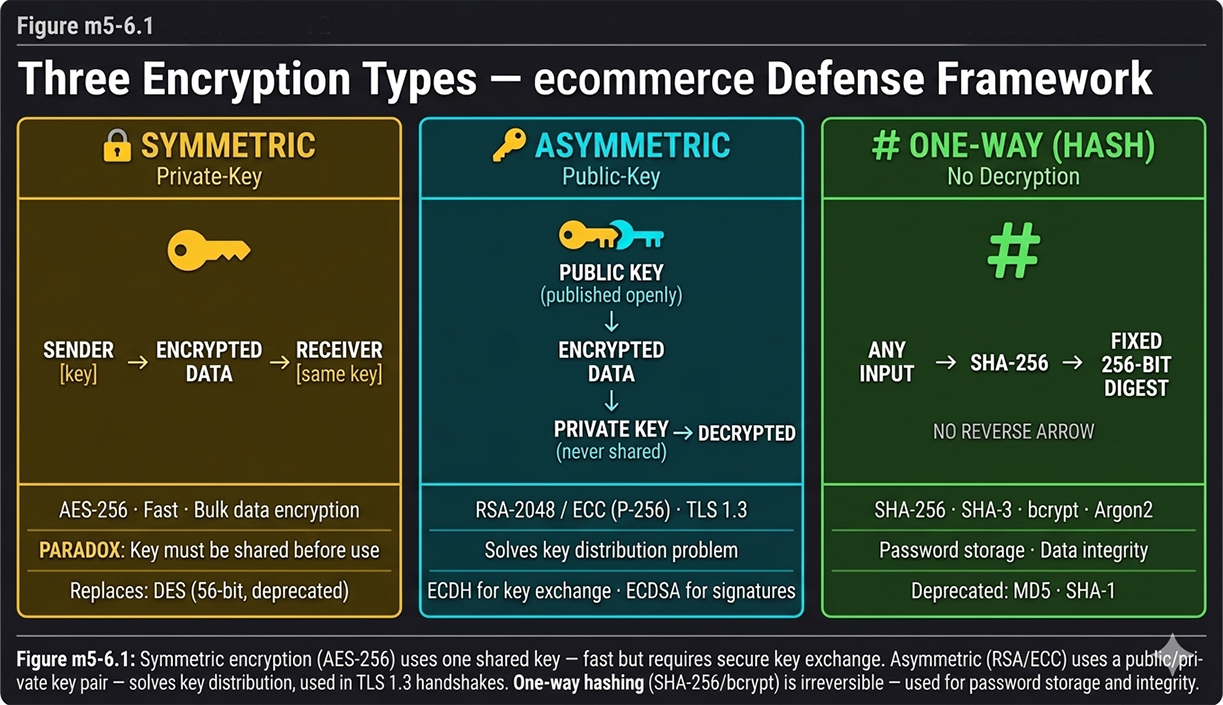 Three encryption types used to fend off ecommerce attacks — symmetric AES-256 (one shared key, fast, bulk data), asymmetric RSA/ECC (public/private key pair, solves key distribution, TLS 1.3), and one-way SHA-256/bcrypt hashing (no decryption, password storage, integrity verification) — 2026 ecommerce cryptography defense framework