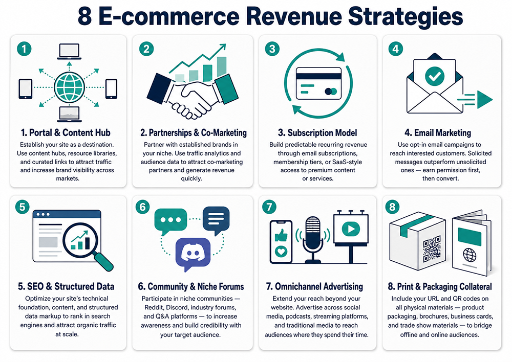 8 E-commerce Revenue Strategies infographic: portal and content hub, partnerships and co-marketing, subscription model, email marketing, SEO and structured data, community and niche forums, omnichannel advertising, and print and packaging collateral