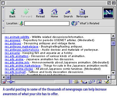 A careful posting to a newsgroup can help increase awareness of what your website has to offer.