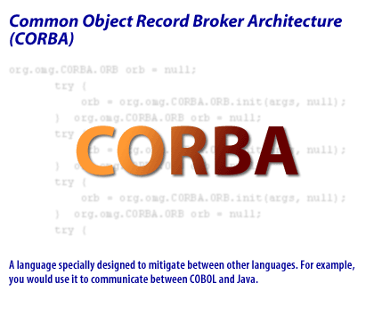 4) Common Object Request Broker Architecture : A language specially designed to mitigate between other languages. For example, you would use to communicate between COBOL and Java.<br> More on this topic can be found on the following website.