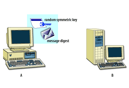 3) Alice's email program selects a random symmetric key to encrypt the message and creates a message digest of the message