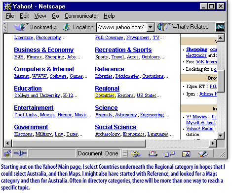 1) Starting out on the Yahoo Main page, I select Countries underneath the regional category in the hopes that I could select Australia