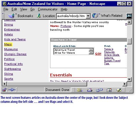 9) Next screen features articles on Australia down the center of the page, but I look down the subject column along the left side.