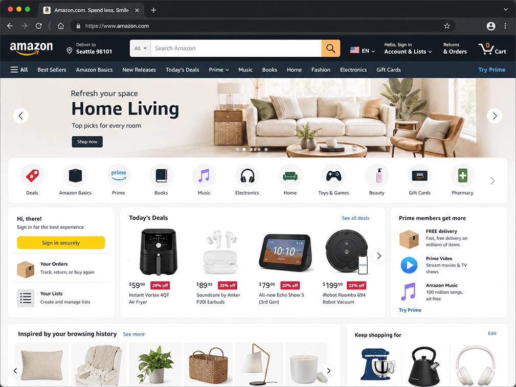 Amazon home and living product category — example of a B2C ecommerce site organized by product department with pricing, reviews, and checkout integrated on a single platform.