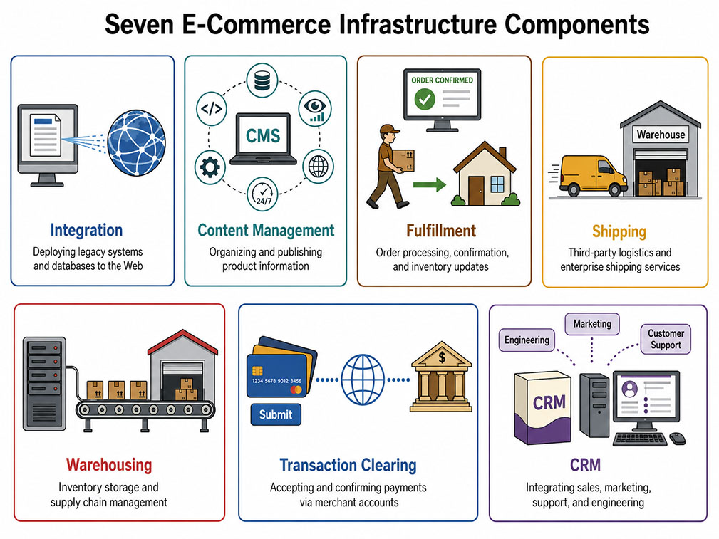Seven E-Commerce Infrastructure Components: Integration, Content Management,
Fulfillment, Shipping, Warehousing, Transaction Clearing, and CRM.