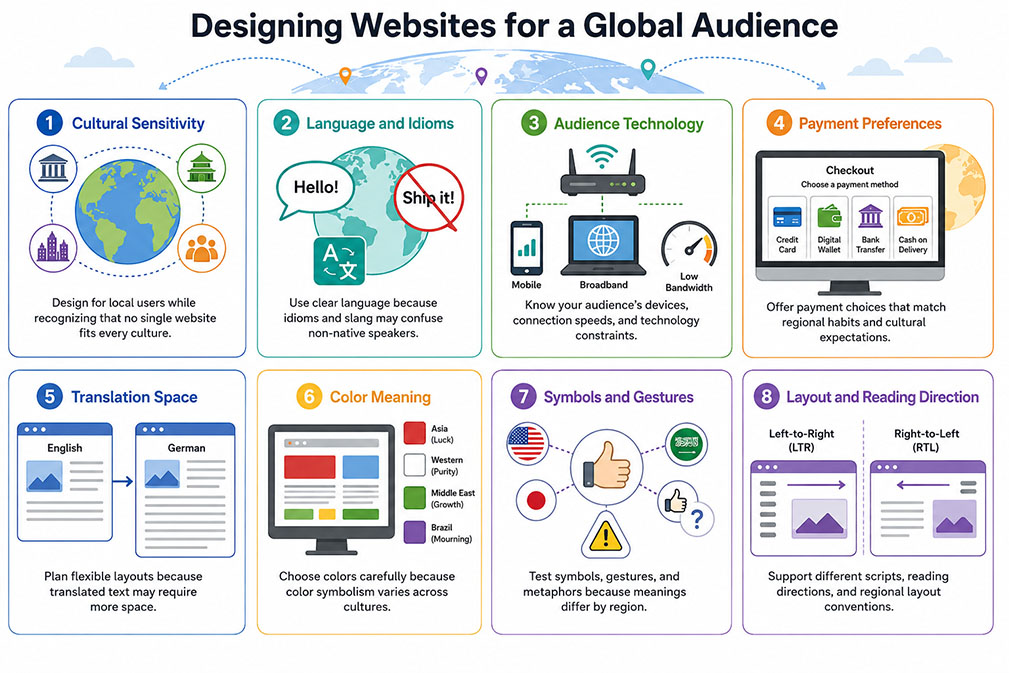 Infographic showing eight global web design considerations: cultural sensitivity, language and idioms, audience technology, payment preferences, translation space, color meaning, symbols and gestures, and layout and reading direction.