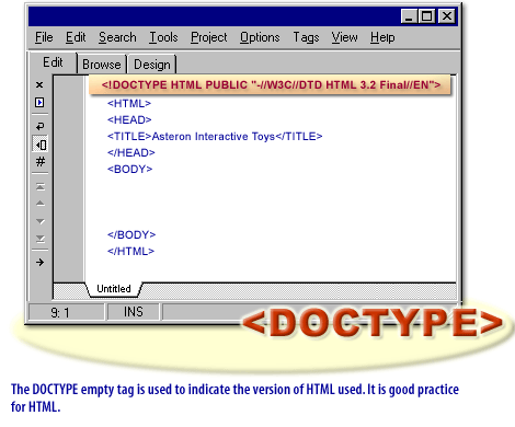 1) The DOCTYPE empty tag is used to indicate the version of HTML used. It is good practice for HTML.
