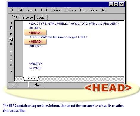 3) The HEAD container tag contains information about the document, such as its creation date and author.