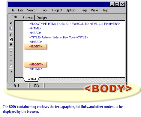 5) The BODY container tag encloses the text, graphics, hot links, and other content to be displayed by the browser.