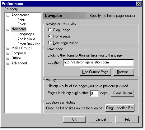 Netscape Navigator Preferences Panel
