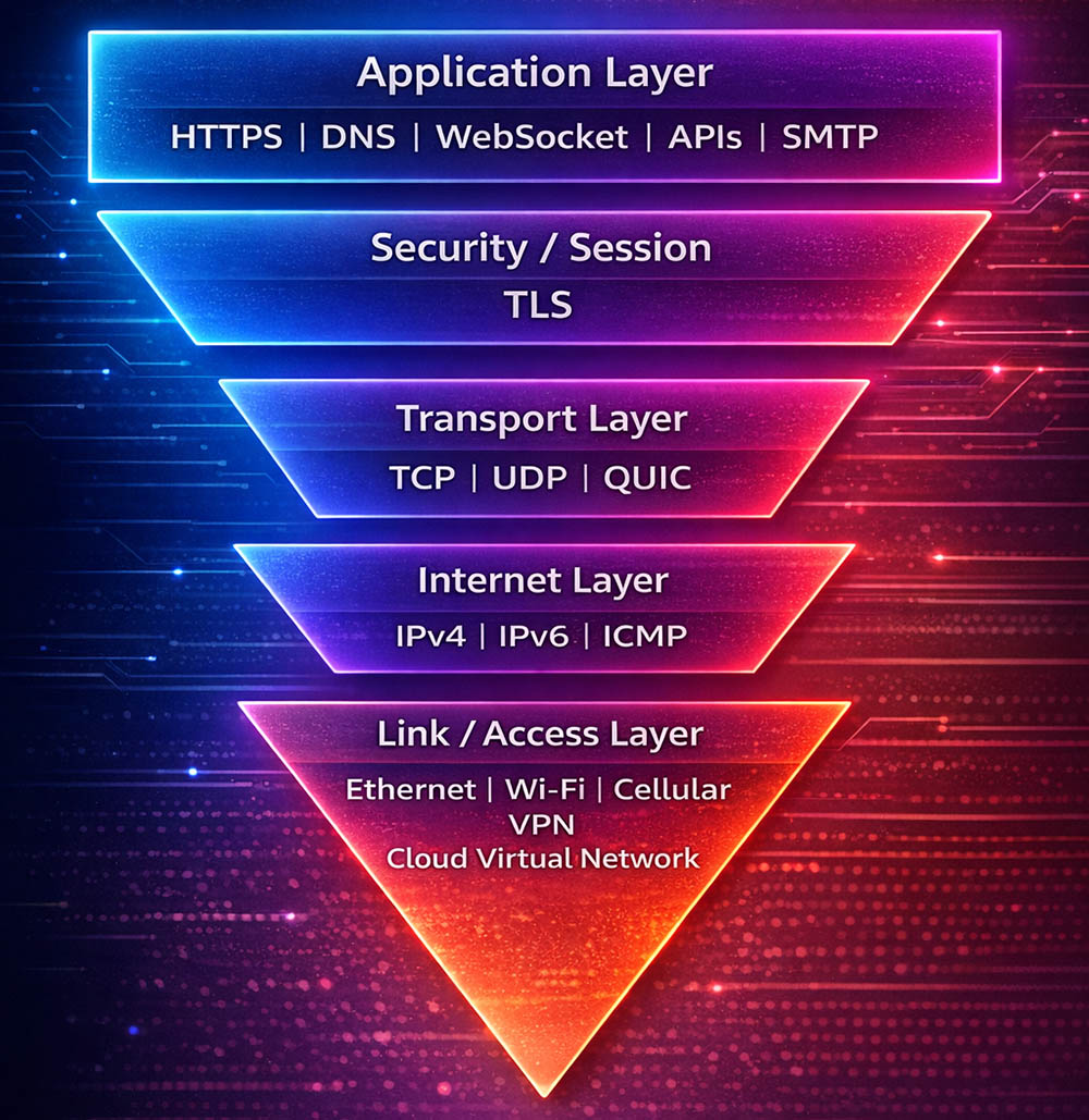 Modern protocol layers for remote systems and web applications including HTTPS, DNS, WebSocket, APIs, SMTP, TLS, TCP, UDP, QUIC, IPv4, IPv6, ICMP, Ethernet, Wi-Fi, Cellular, VPN, and Cloud Virtual Network