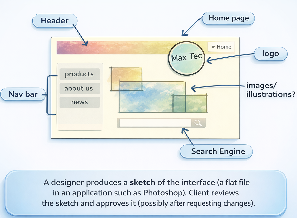 3) Designer produces a sketch of the interface (a flat file in an application such as Photoshop).