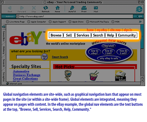 1) Global navigation elements are site wide, such as graphical navigation bars that appear on most pages in the site.