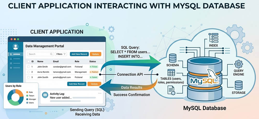 Client application interacting with a MySQL database through queries, a connection API, and returned results.