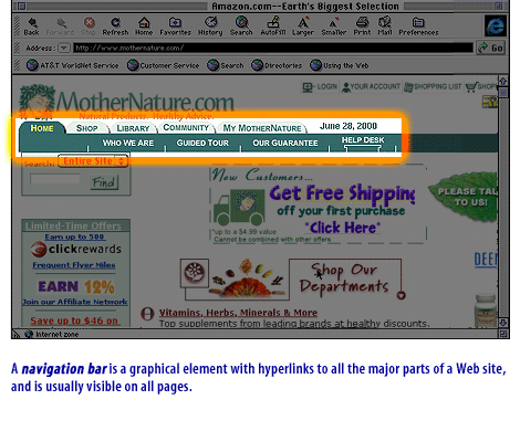 2) A navigation bar is a graphical element with hyperlinks to all the major parts of a website