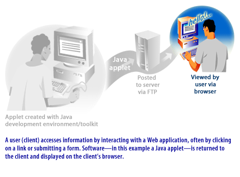 3) A user(client) accesses information by interacting with a Web application, often by clicking on a link or submitting a form. Software, in this example a React Component, is returned to the client and displayed on the client's browser.   Note: Java Applets are rarely used in 2019 for client applications.